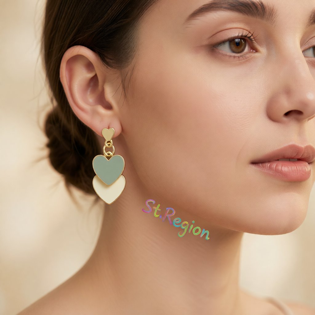 Green Enamel and 18K Gold-Plated Double Heart Drop Earrings, gold drop earrings for women, everyday style, styled look