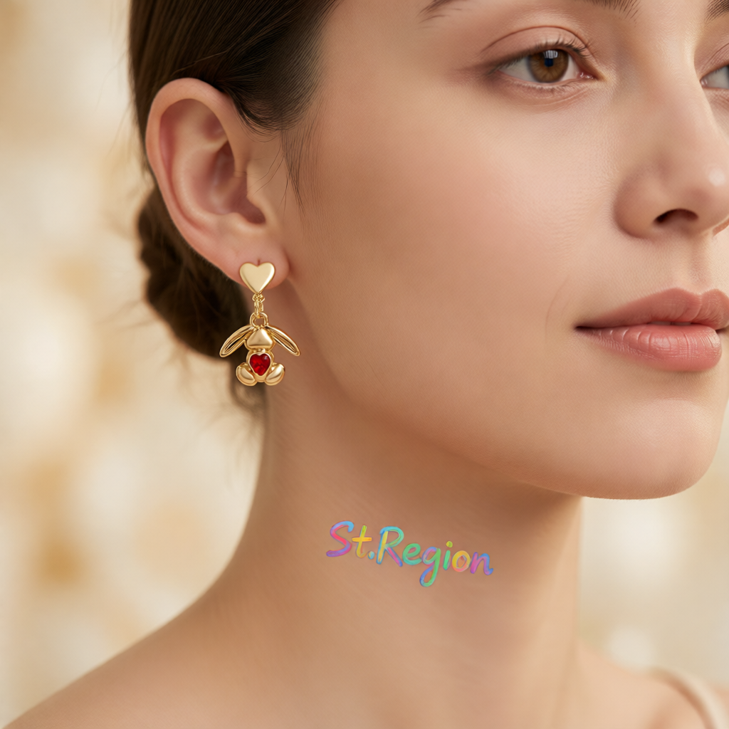 Red Crystal & 18K Gold-Plated Heart Rabbit Drop Earrings