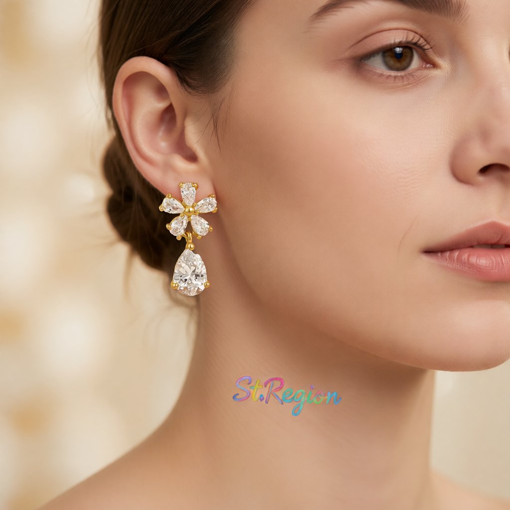 Crystal and 18K Gold-Plated Flower Drop Earrings, gold drop earrings for women, botanical inspired, styled look