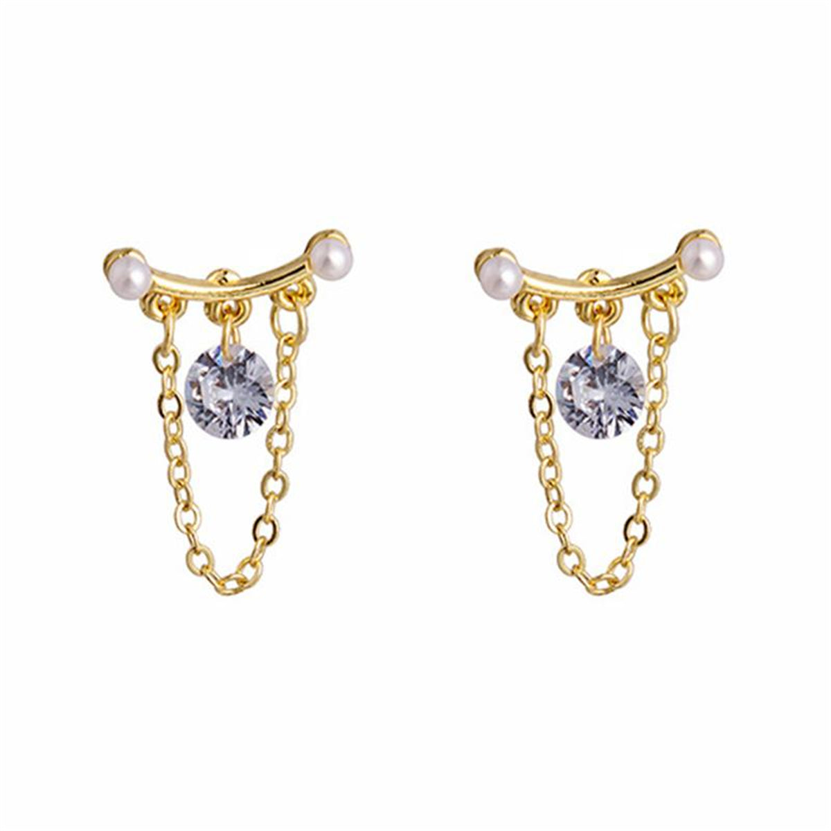 Crystal and Pearl 18K Gold-Plated Chain-Accent Drop Earrings, gold drop earrings for women, detail close-up