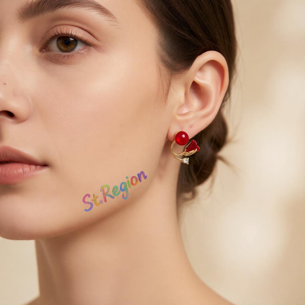 Red Resin and Crystal 18K Gold-Plated Rose Ear Jackets, elegant gift for her, styled look
