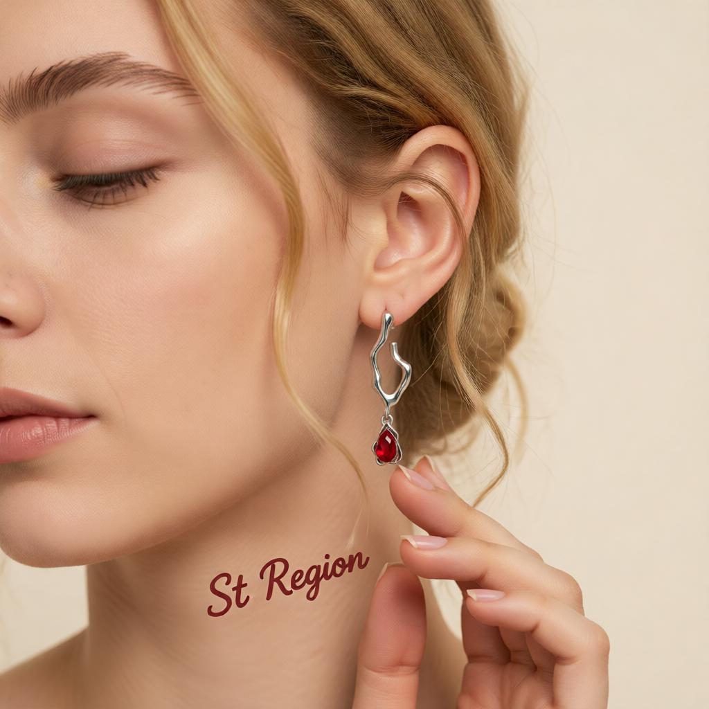 Red Crystal and Silver-Plated Drop Huggie Earrings, silver drop earrings for women, dainty minimalist design, styled look