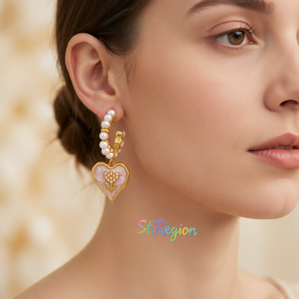 Pearl & White Enamel 18K Gold-Plated Tulip Heart Huggie Earrings