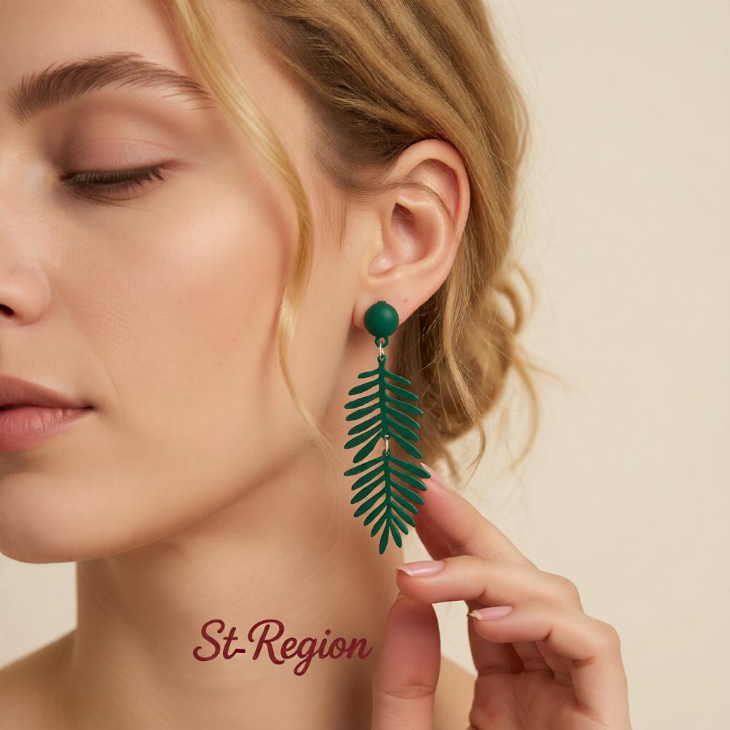 Green Enamel and Silver-Plated Leaves Drop Earrings, silver drop earrings for women, everyday style, styled look