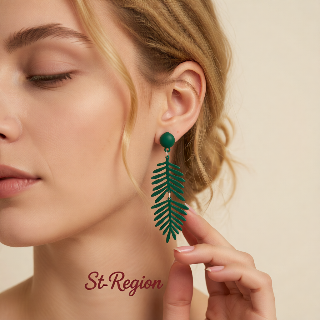 Green Enamel & Silver-Plated Leaves Drop Earrings