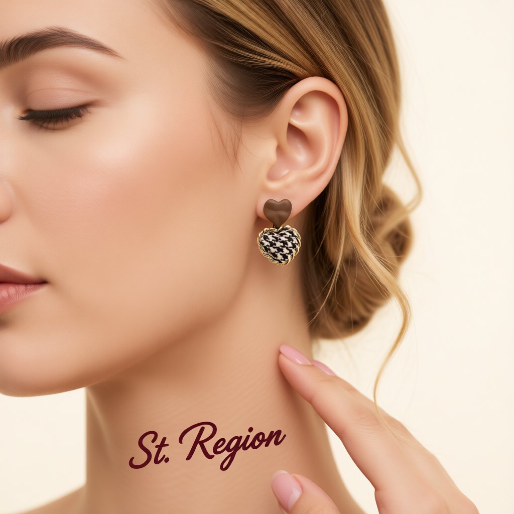 Brown Enamel and Polyster 18K Gold-Plated Checkboard Heart Drop Earrings, gold drop earrings for women, styled look