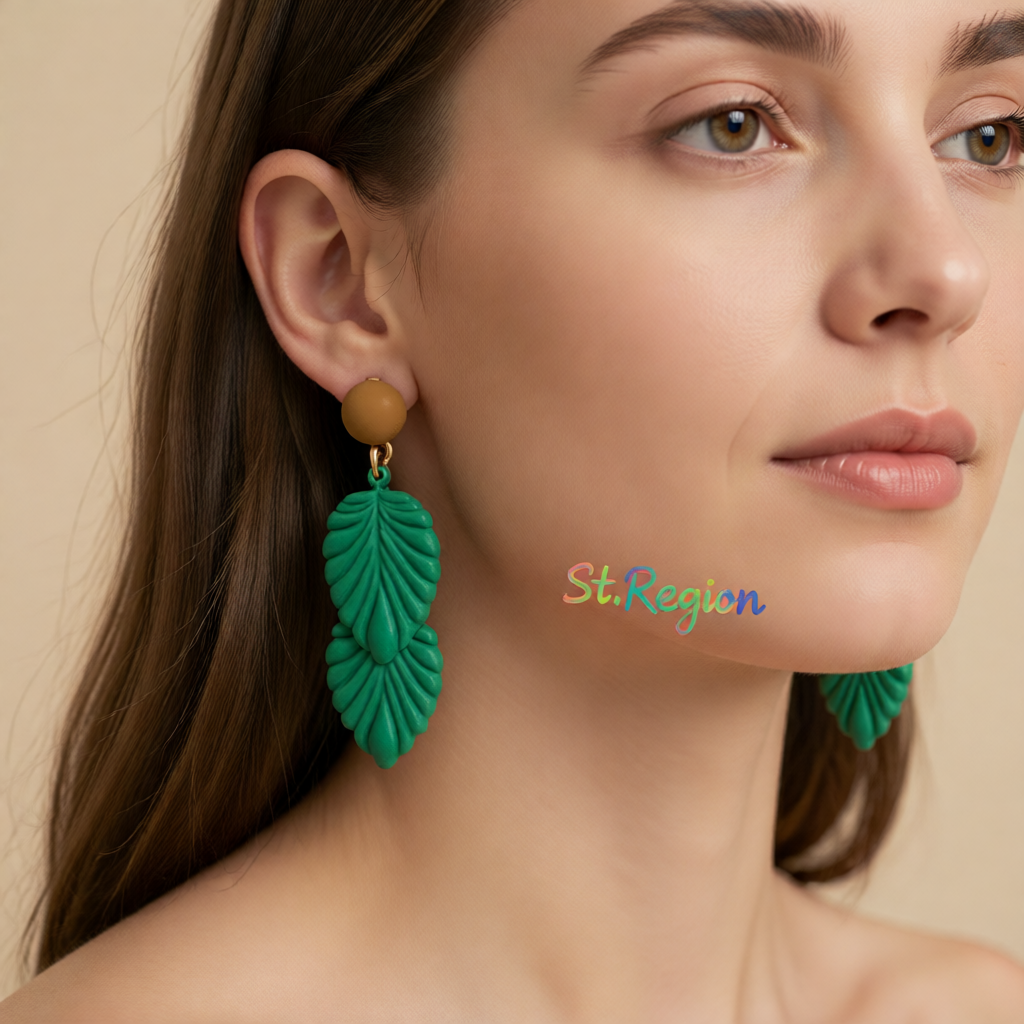 Green Enamel & 18K Gold-Plated Leaves Drop Earrings