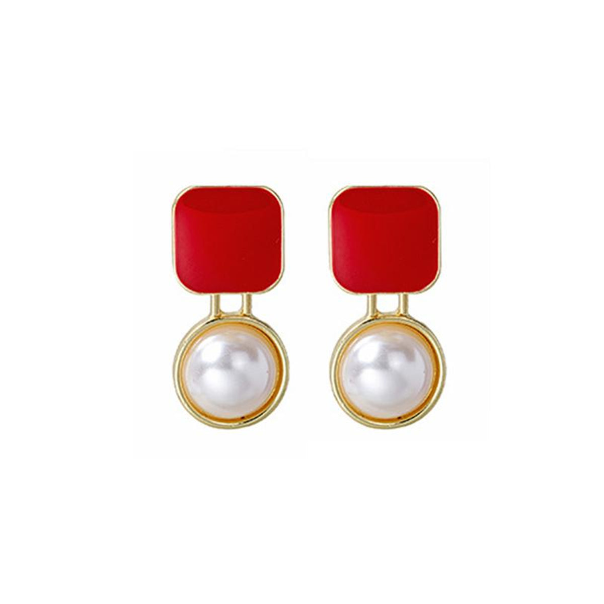 Red Enamel and Pearl 18K Gold-Plated Square Ball Drop Earrings, gold drop earrings for women, everyday style, styled look