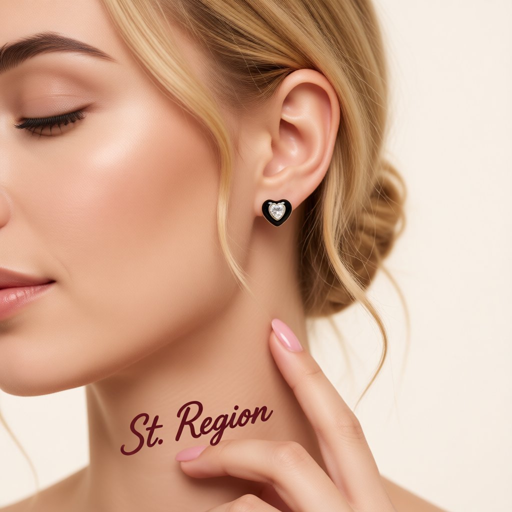 Black Enamel and Crystal 18K Gold-Plated Heart Stud Earrings, gold stud earrings for women, everyday style, styled look