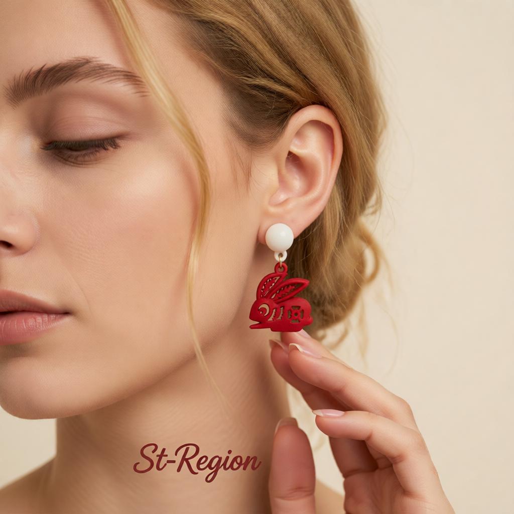 Red Enamel and Silver-Plated Abstract Rabbit Drop Earrings, silver drop earrings for women, botanical inspired, styled look