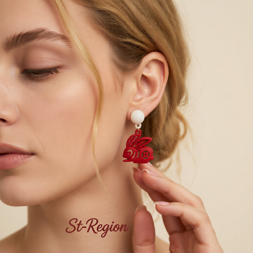 Red Enamel & Silver-Plated Abstract Rabbit Drop Earrings