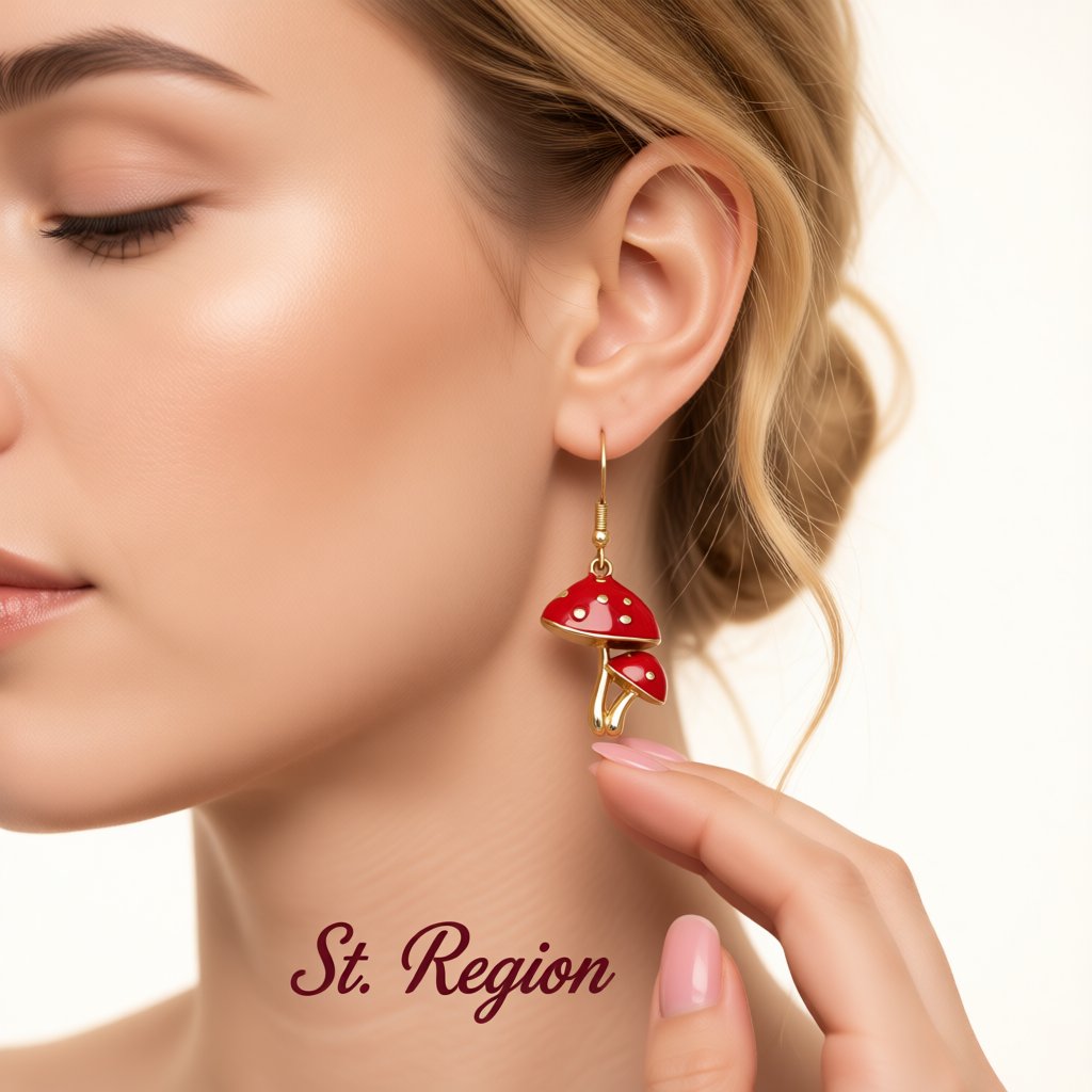 Red Enamel and 18K Gold-Plated Mushroom Drop Earrings, gold drop earrings for women, botanical inspired, styled look