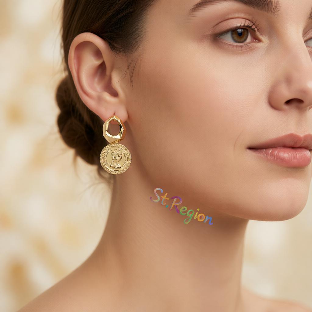 18K Gold-Plated Coin Repoussé Drop Earrings, gold drop earrings for women, vintage-inspired design, styled look