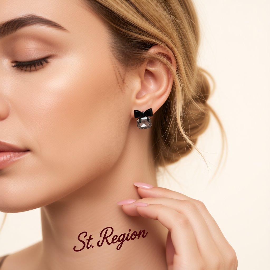 Black Crystal Bow Stud Earrings, stud earrings for women, dainty minimalist design, styled look