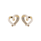 Elegant heart-shaped gold and white enamel stud earrings, adorned with 18K gold plating and sparkling cubic zirconia.