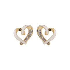 Elegant heart-shaped gold and white enamel stud earrings, adorned with 18K gold plating and sparkling cubic zirconia.
