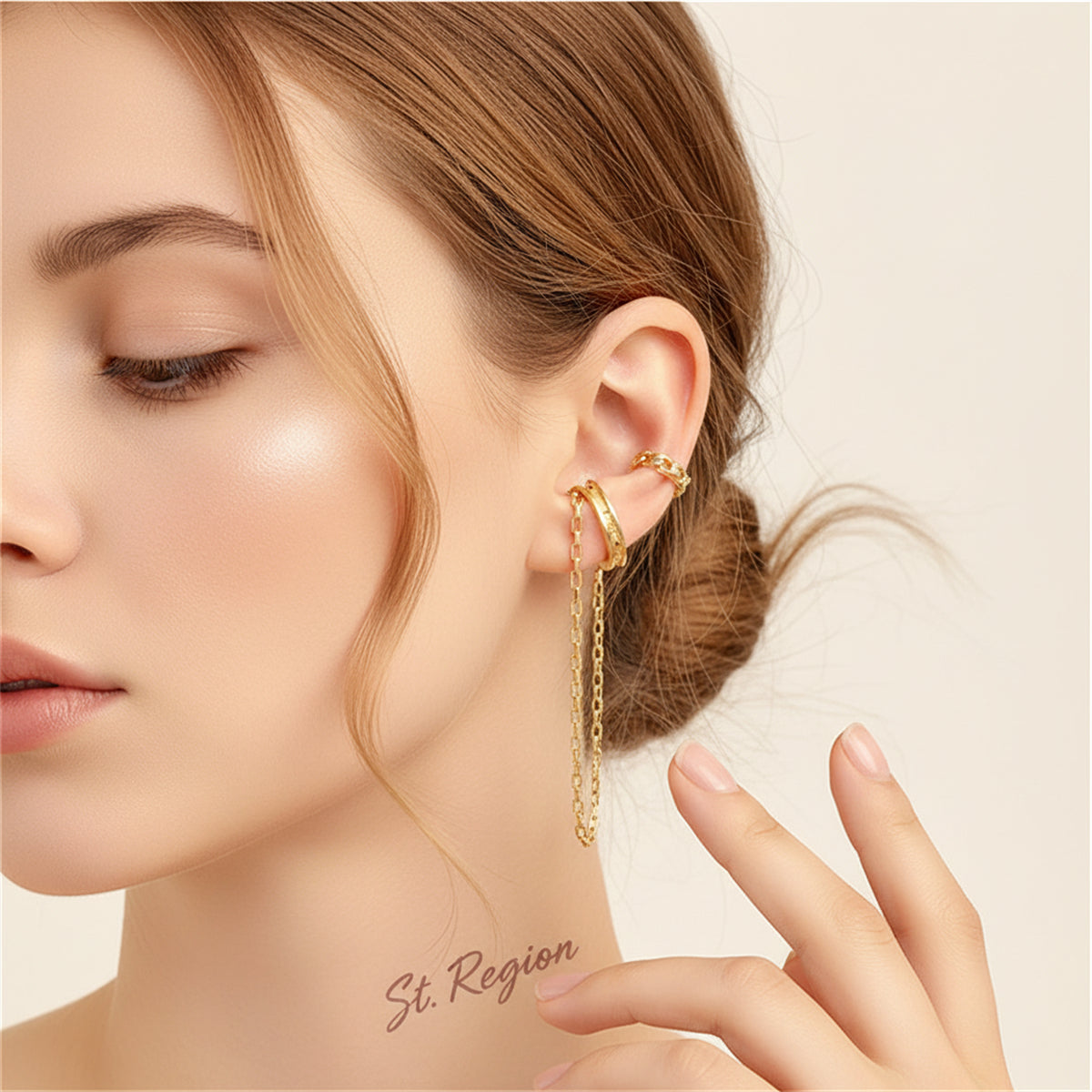 18K Gold-Plated Chain Ear Cuff Set, gold drop earrings for women, dainty minimalist design, styled look