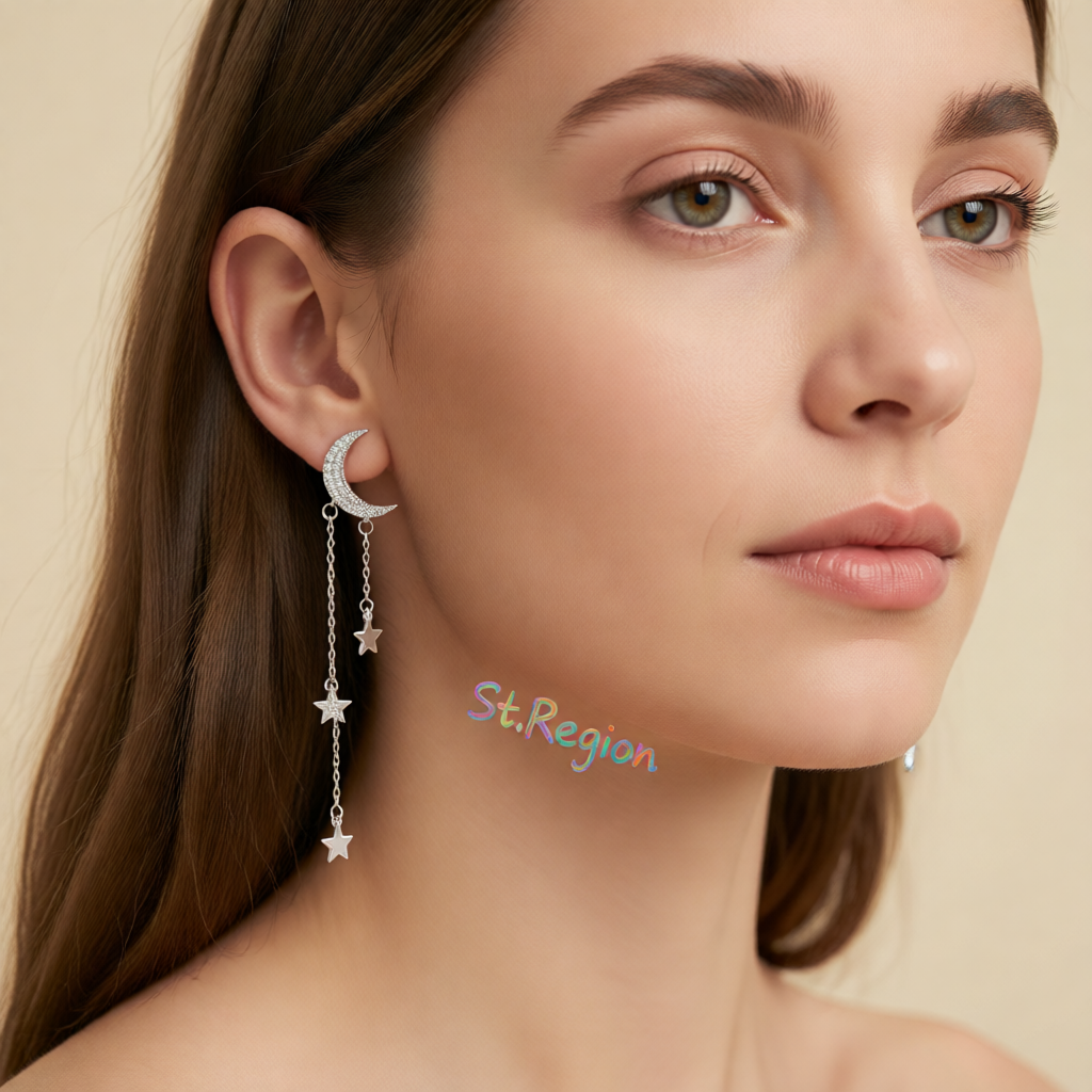 Cubic Zirconia & Silver-Plated Star Stud Earring & Moon Tassel Drop Earring