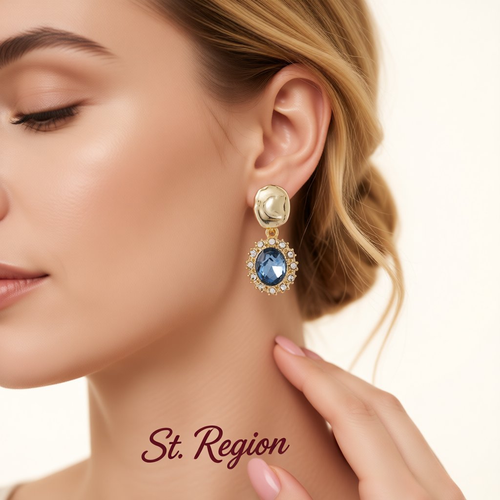 Blue Crystal and Cubic Zirconia 18K Gold-Plated Oval Drop Earrings, gold drop earrings for women, styled look
