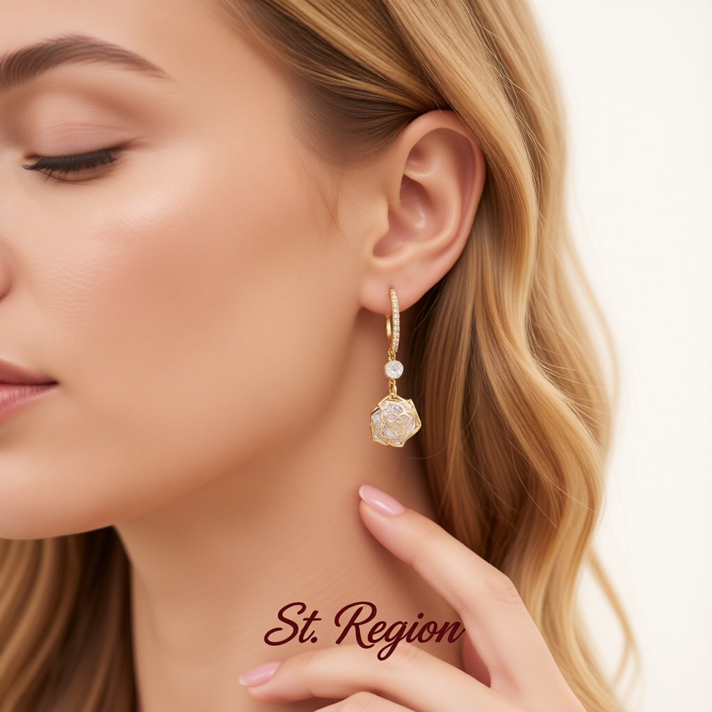 Cubic Zirconia and 18K Gold-Plated Open Rose Drop Earrings, gold huggie earrings, elegant gift for her, styled look