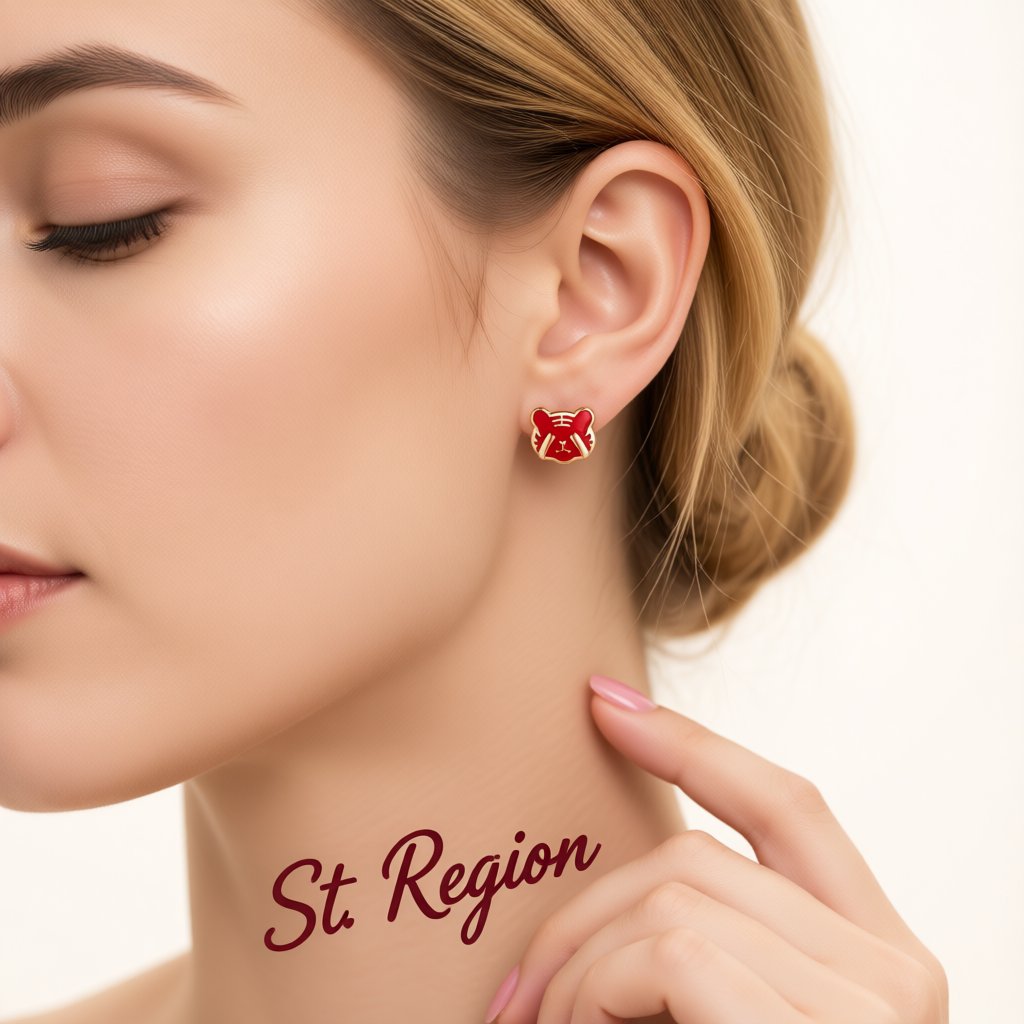 Red Enamel and 18K Gold-Plated Tiger Face Stud Earrings, gold stud earrings for women, elegant gift for her, styled look