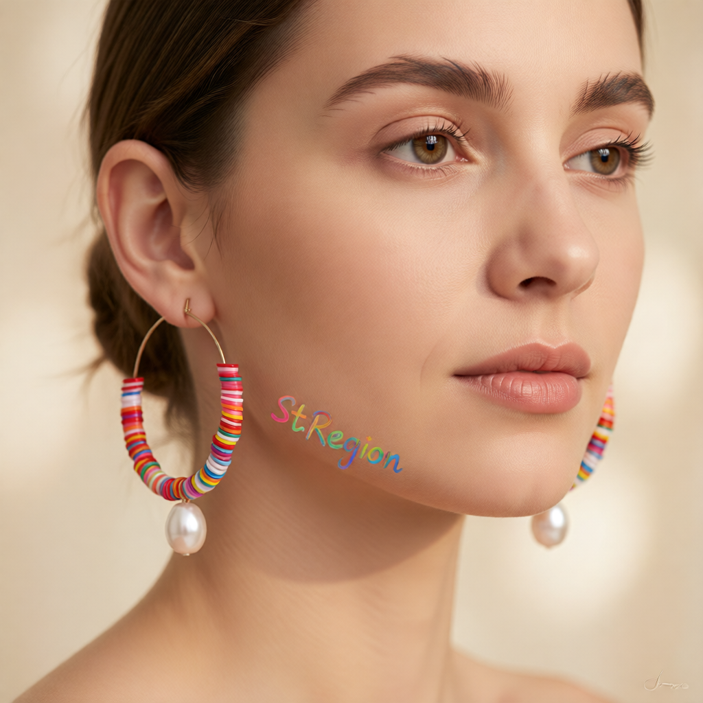 Red Multicolor Polymer Clay & Pearl Beaded Hoop Earrings