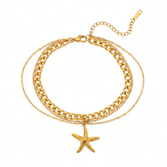 Goldtone Starfish Charm Layered Anklet - Street Region