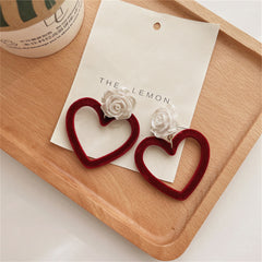 Wine Red Nylon & White Resin Rose Heart Drop Earrings