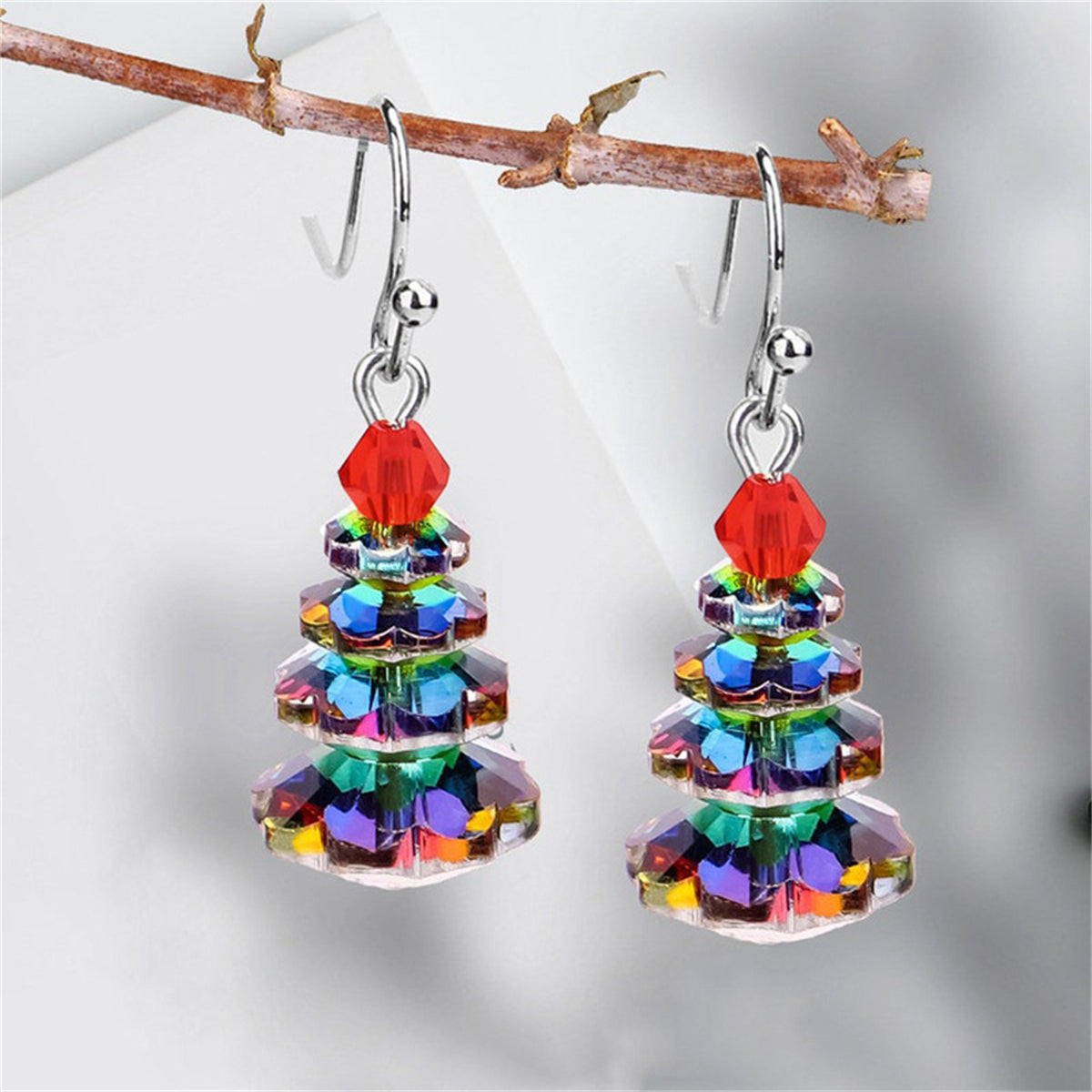 Iridescent Crystal and Red Stacked Festive Tree Drop Earrings, drop earrings for women, elegant gift for her, side view