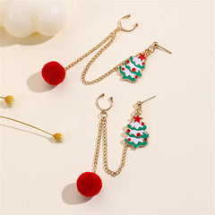Red Enamel & 18K Gold-Plated Holiday Tree Ear Cuff Drop Earrings