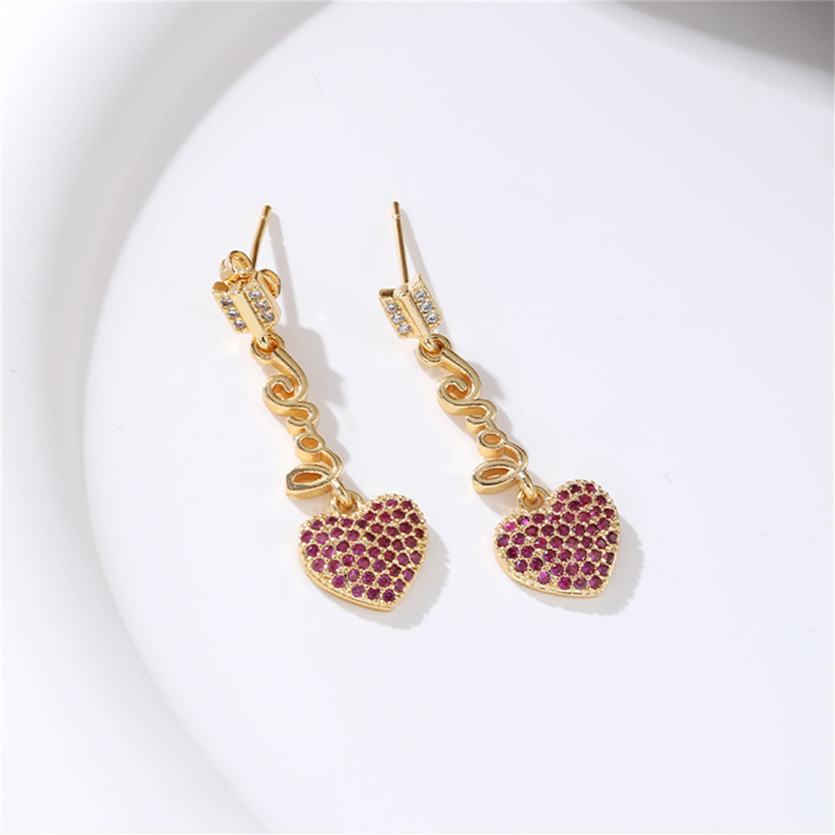 Red Cubic Zirconia and 18K Gold-Plated 'LOVE' Heart Drop Earrings, gold drop earrings for women, detail close-up
