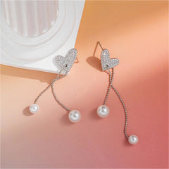 Cubic Zirconia & Pearl Silver-Plated Heart Bead Drop Earrings