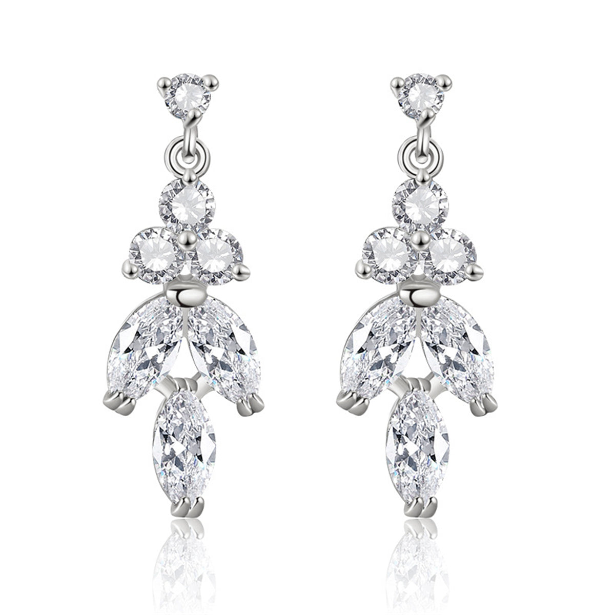 Crystal and Cubic Zirconia Silver-Plated Leaves Drop Earrings, silver drop earrings for women, detail close-up