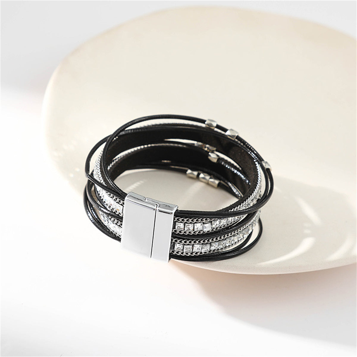Black Polystyrene and Silver-Plated Layered Beaded Bracelet, silver bracelet for women, lifestyle look
