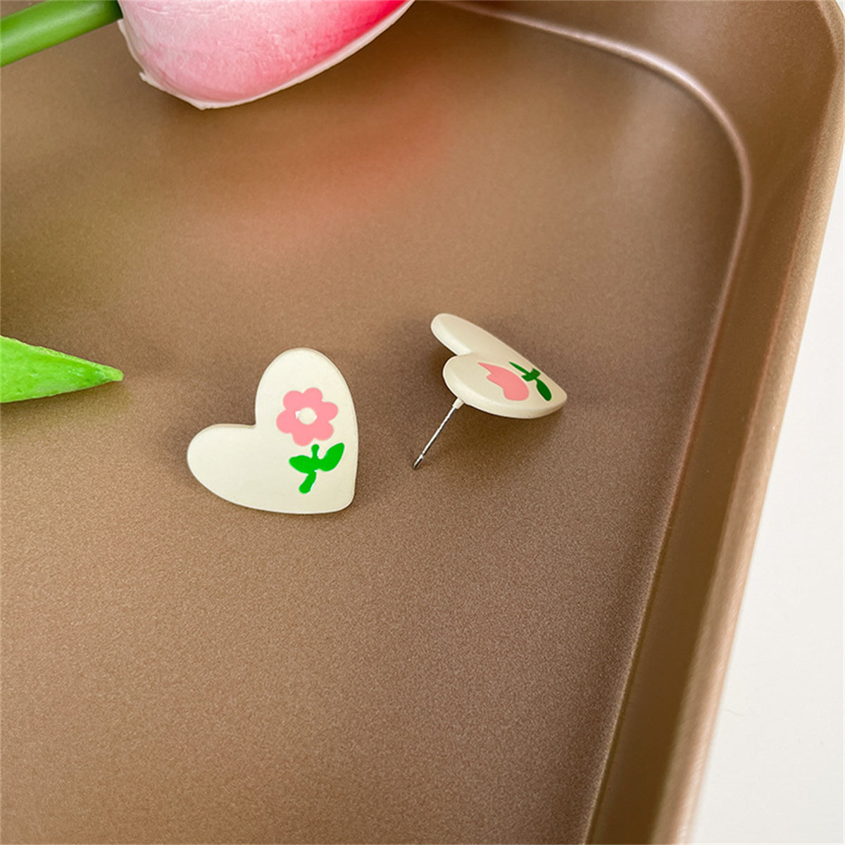 Pink Enamel and Silver-Plated Flower Heart Stud Earrings, silver stud earrings for women, lifestyle look
