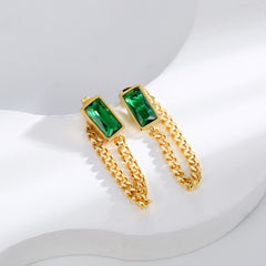 Green Crystal & 18K Gold-Plated Chain Ear Jackets