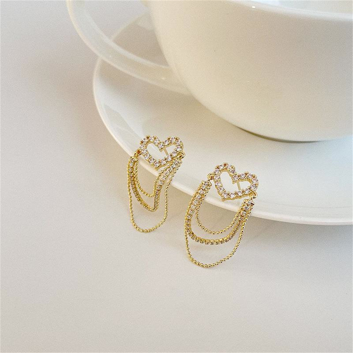 Cubic Zirconia and 18K Gold-Plated Heart Bead Tassel Drop Earrings, gold drop earrings for women, everyday style, styled look