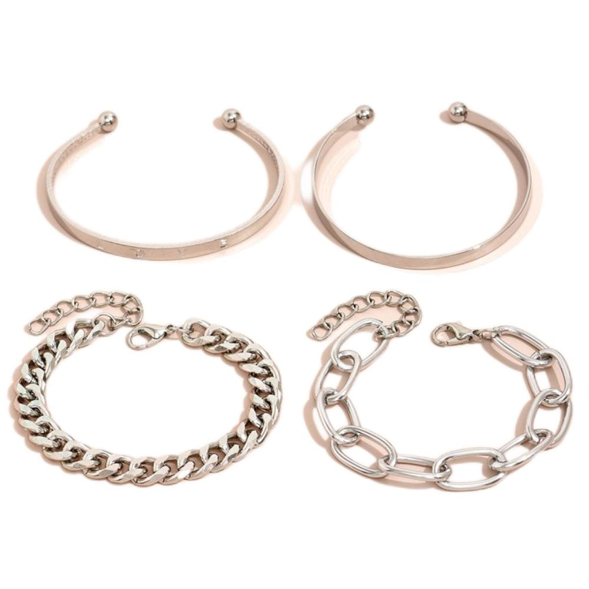 Silver-Plated 'Love' Cuff Set, silver bracelet for women, everyday style, detail close-up