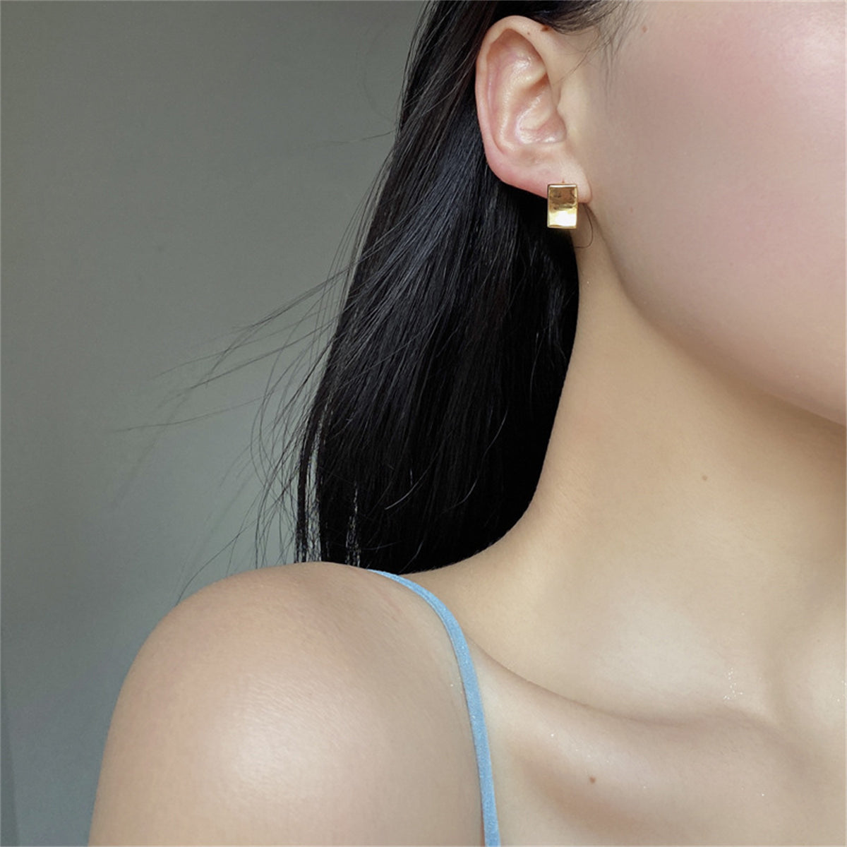 18K Gold-Plated Curved Rectangle Huggie Earrings, gold huggie earrings, botanical inspired, lifestyle look