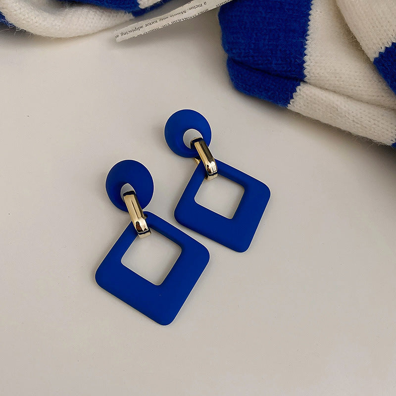 Navy Enamel and 18K Gold-Plated Open Rhombus Drop Earrings, gold drop earrings for women, botanical inspired, detail close-up
