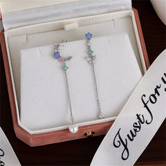 Crystal & Pearl Silver-Plated Asymmetrical Butterfly Moon Drop Earrings