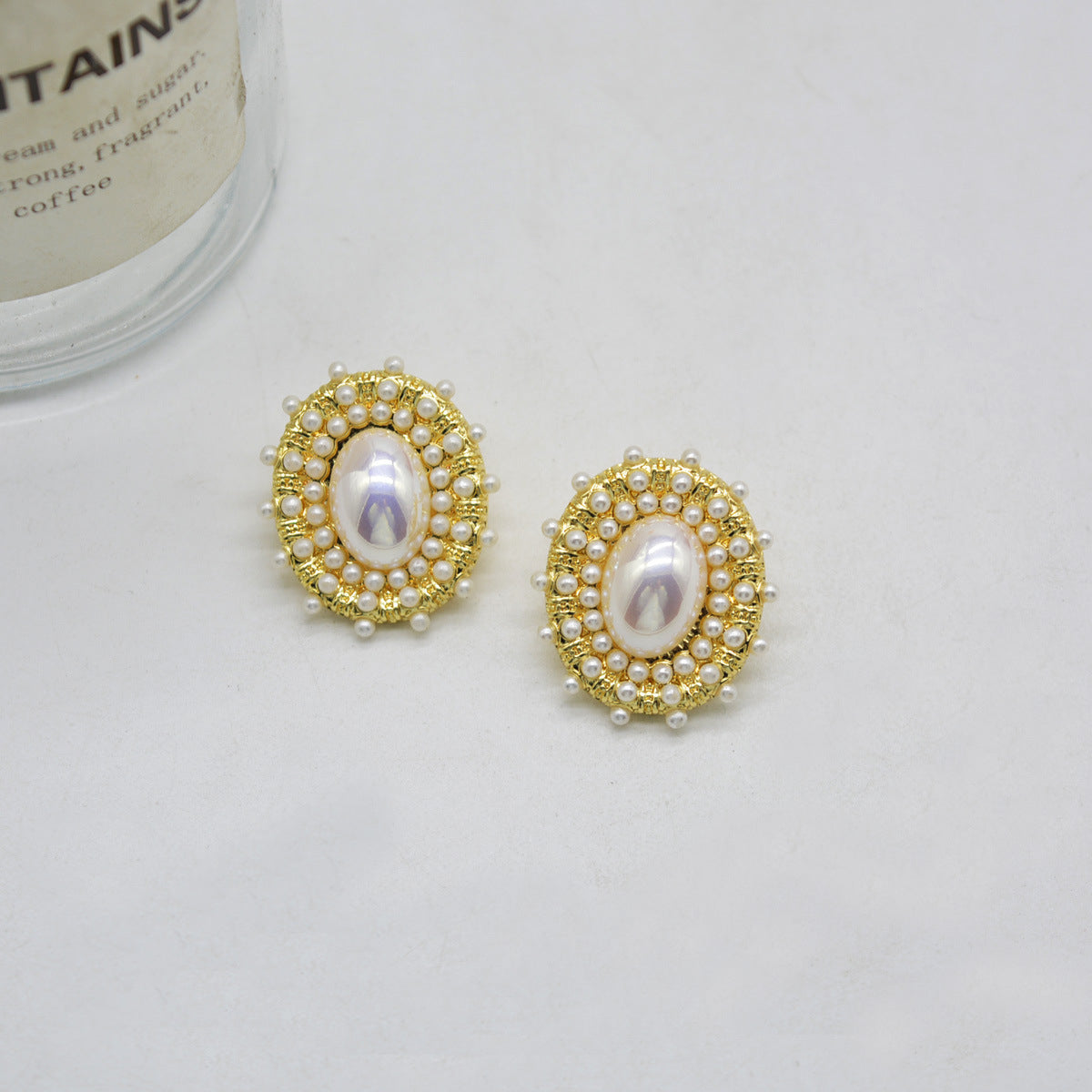 Pearl & 18K Gold-Plated Halo Oval Stud Earrings