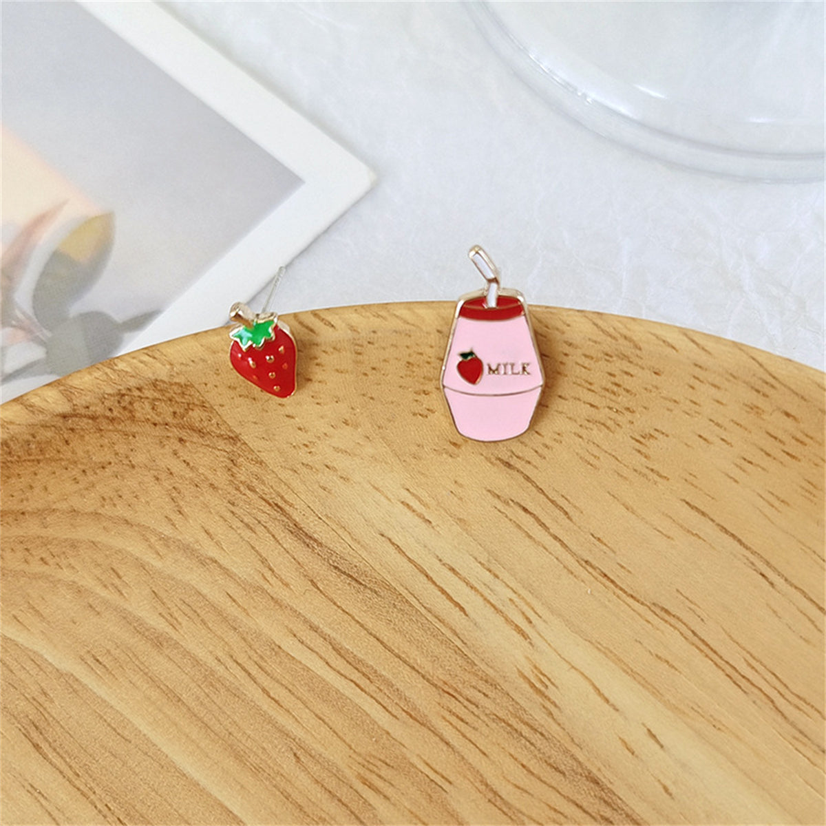 Pink Enamel and 18K Gold-Plated Strawberry Milk Stud Earrings, gold drop earrings for women, styled look