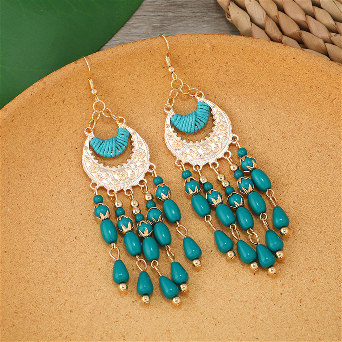 Green Resin and Polyster 18K Gold-Plated Tassel Drop Earrings, gold drop earrings for women, detail close-up
