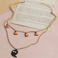 Adorn yourself with this Halloween-themed necklace, featuring a ghost and pumpkin pendant in 18K gold plating.