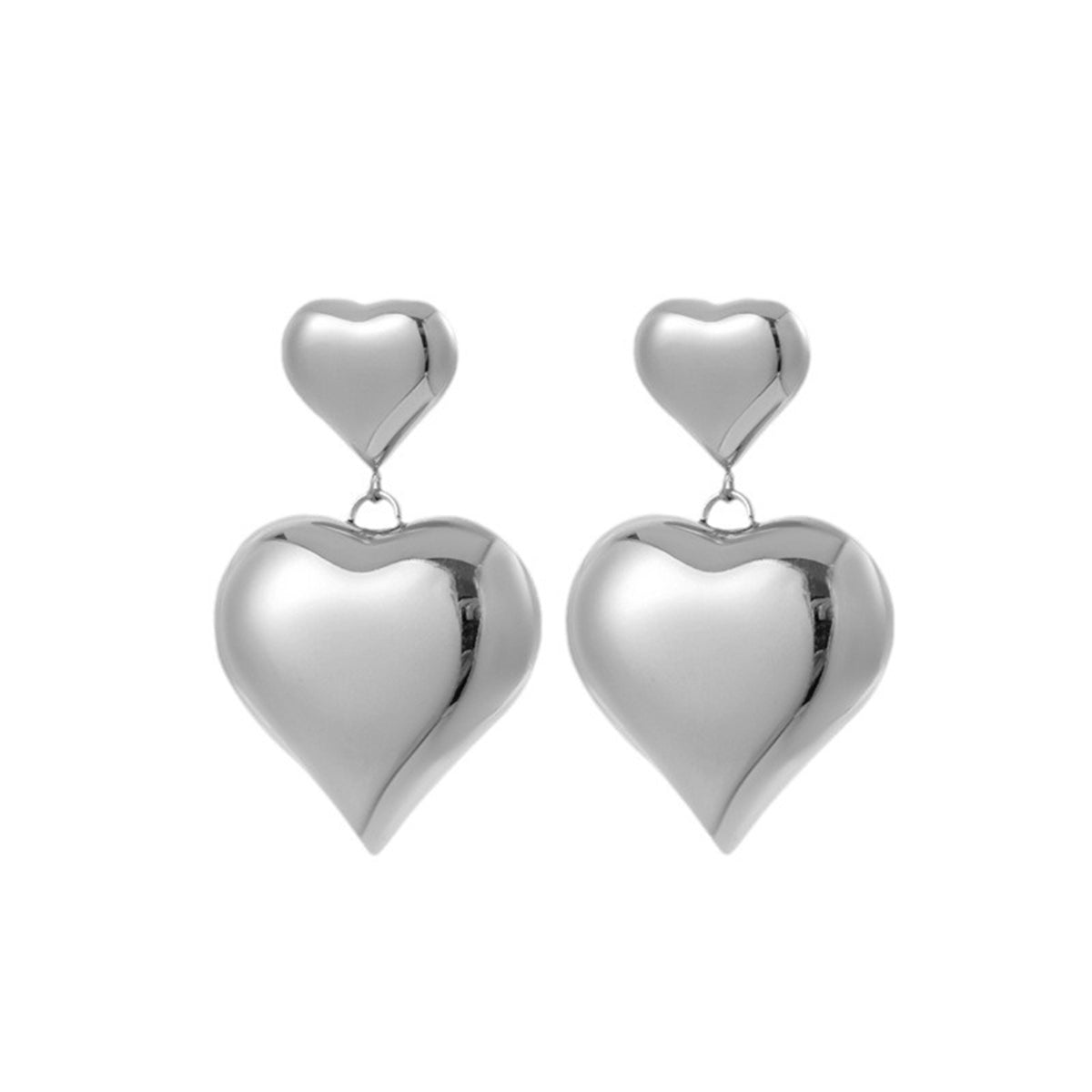 Silver-Plated Double Heart Drop Earrings, silver drop earrings for women, everyday style, detail close-up
