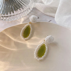Green Cat's Eye & Pearl 18K Gold-Plated Rose Teardrop Earrings