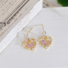Pink Cat's Eye & Crystal Cubic Zirconia Heart Drop Earrings