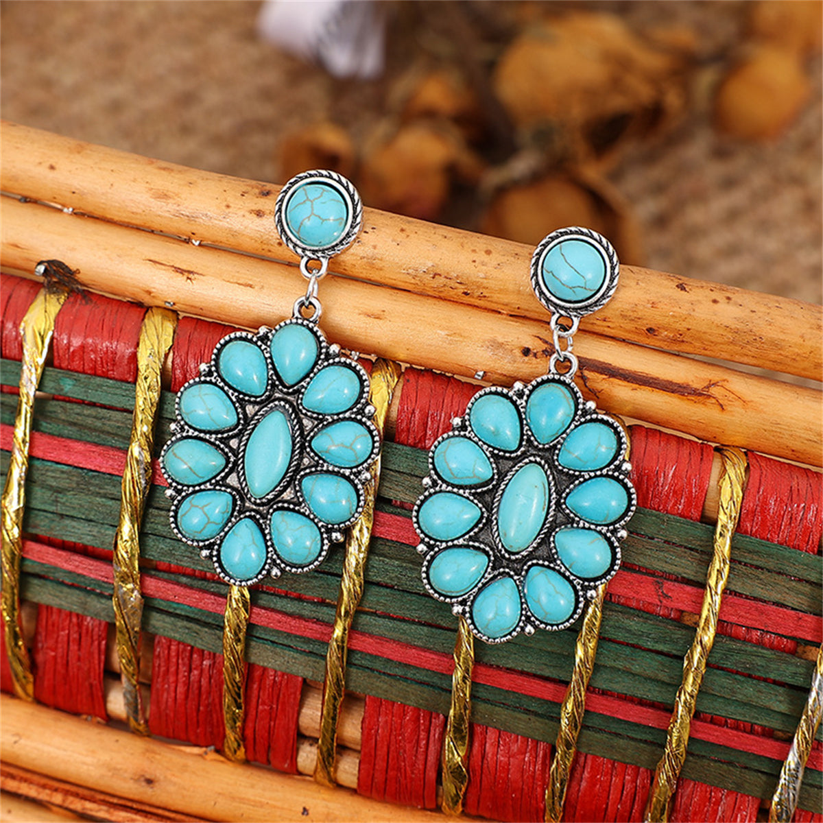 Turquoise and Silver-Plated Round Oval Drop Earrings, silver drop earrings for women, everyday style, styled look