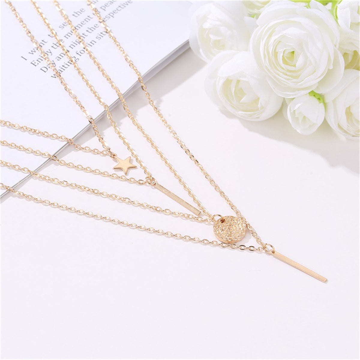 18K Gold-Plated Disc Bar Layered Pendant Necklace, gold pendant necklace for women, dainty minimalist design, styled look